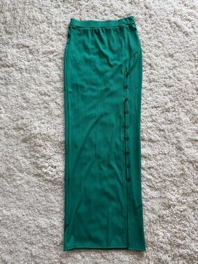 Button-Trim Emerald Green Midi Skirt